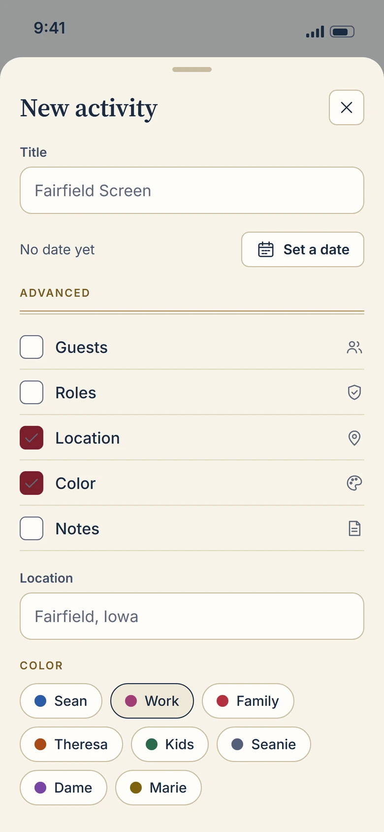 New activity sheet